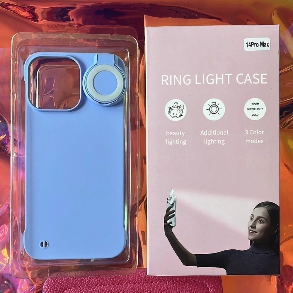 Brand New Selfie Ring Light Flip Phone Case for iPhone 14 Pro Max 3 Modes Blue